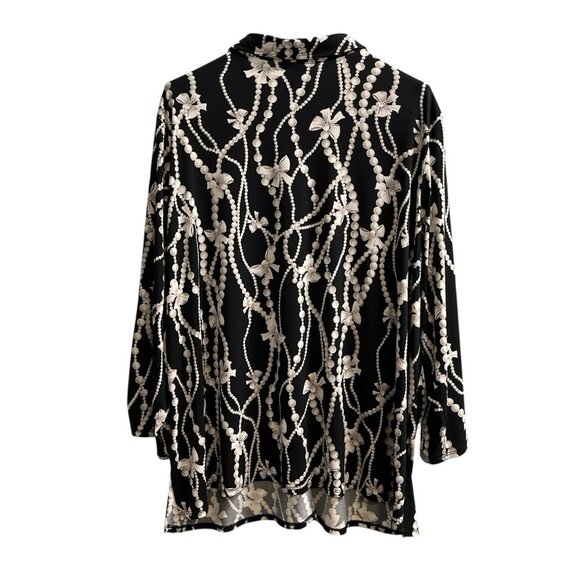 Maggie‎ Barnes Top Womens 3X Black Liquid Knit Pearls Bows Print Button Down - Picture 2 of 6